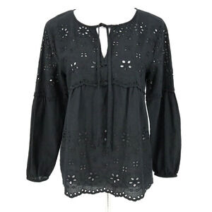 Liv LA Top Womens Small Black Cotton Lace Blouse Tie Neck Peasant Boho Chic